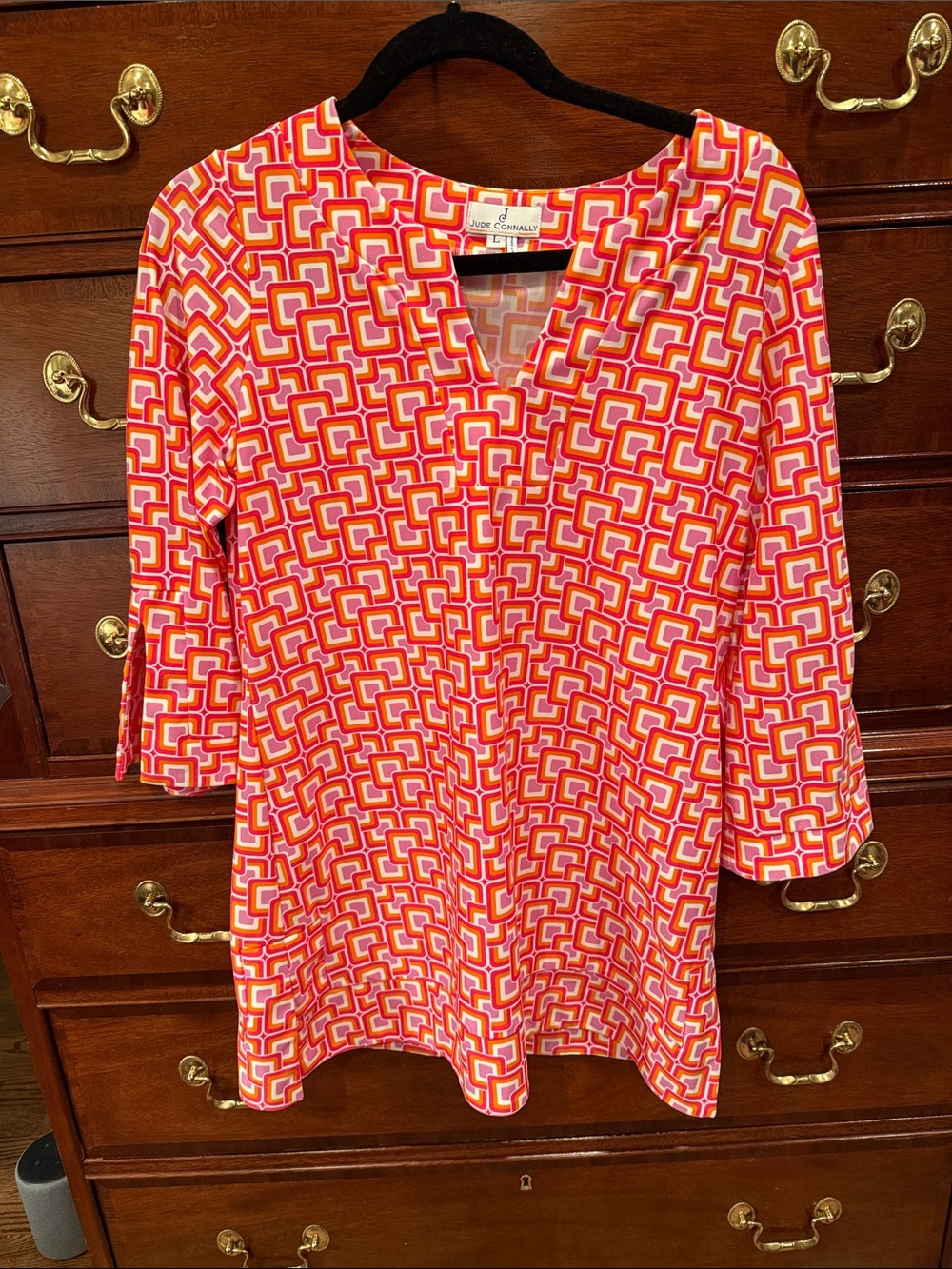 Jude Connally Pink and Orange Geometric V-Neck Tunic Large EUC